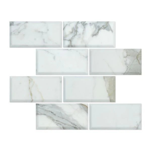 3x6 Deep-Beveled Honed Calacatta Gold Marble Tile.