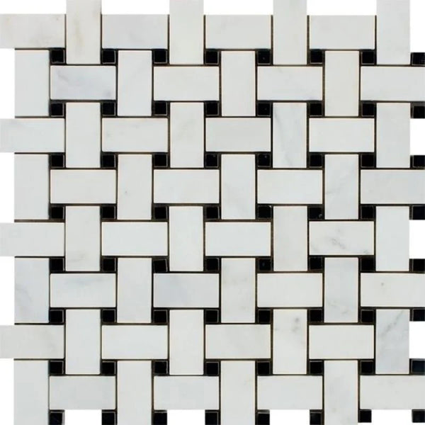 Asian Statuary (Oriental White) Marble Honed Basketweave with Black Dots Mosaic Tile.