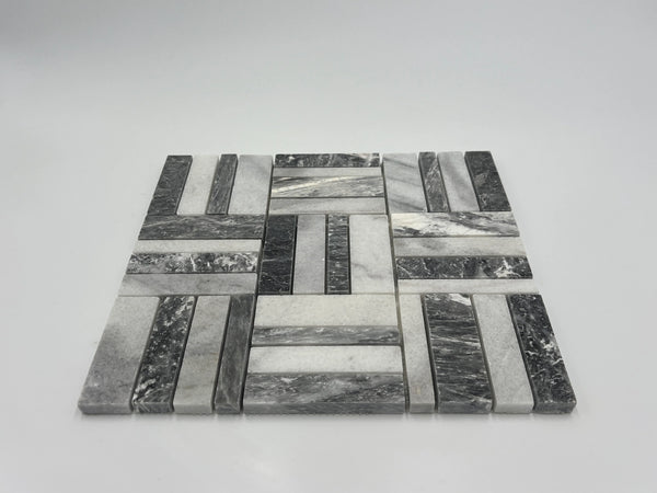 Bardiglio Marble with Thassos White Triple Stripe  Mosaic Tile - stoneandtiledepot.com