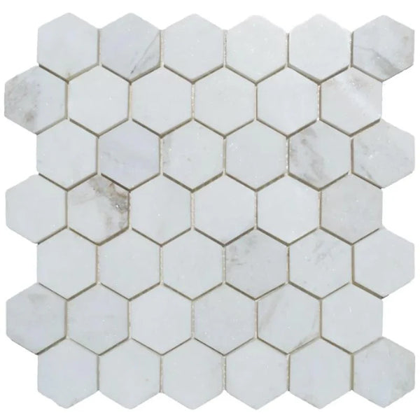 Calacatta Amber Marble 2x2 Hexagon Honed Mosaic Tile.