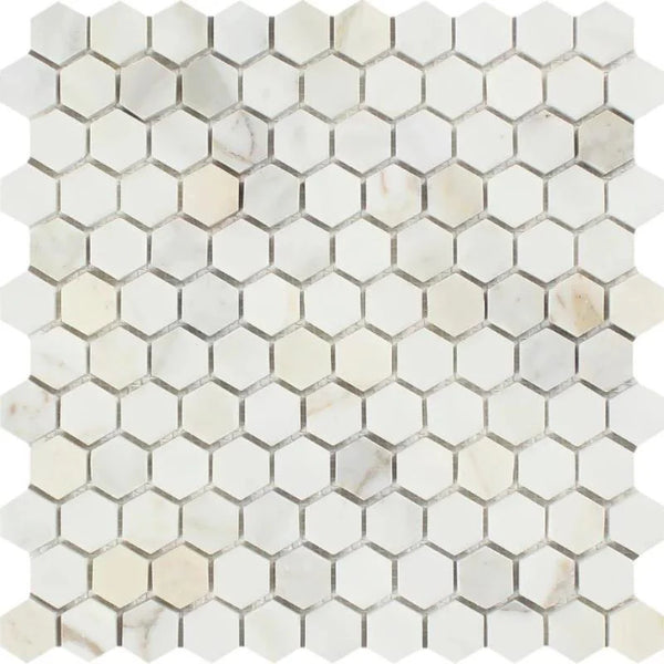 Calacatta Gold Marble 1x1 Hexagon Polished Mosaic Tile.