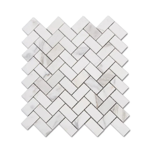 Calacatta Gold Marble 1x2 Herringbone Honed Mosaic Tile.