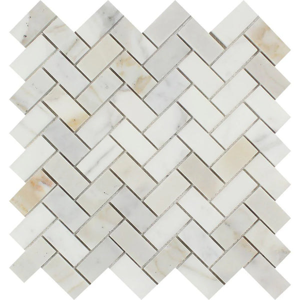 Calacatta Gold Marble 1x2 Herringbone Polished Mosaic Tile.