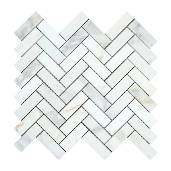 Calacatta Gold Marble 1x3 Herringbone Honed Mosaic Tile.