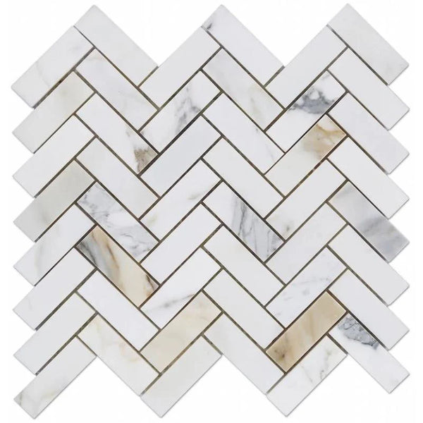 Calacatta Gold Marble 1x4 Herringbone Honed Mosaic Tile.