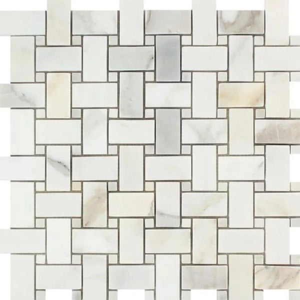 Calacatta Gold Marble Basketweave Honed Mosaic Tile.