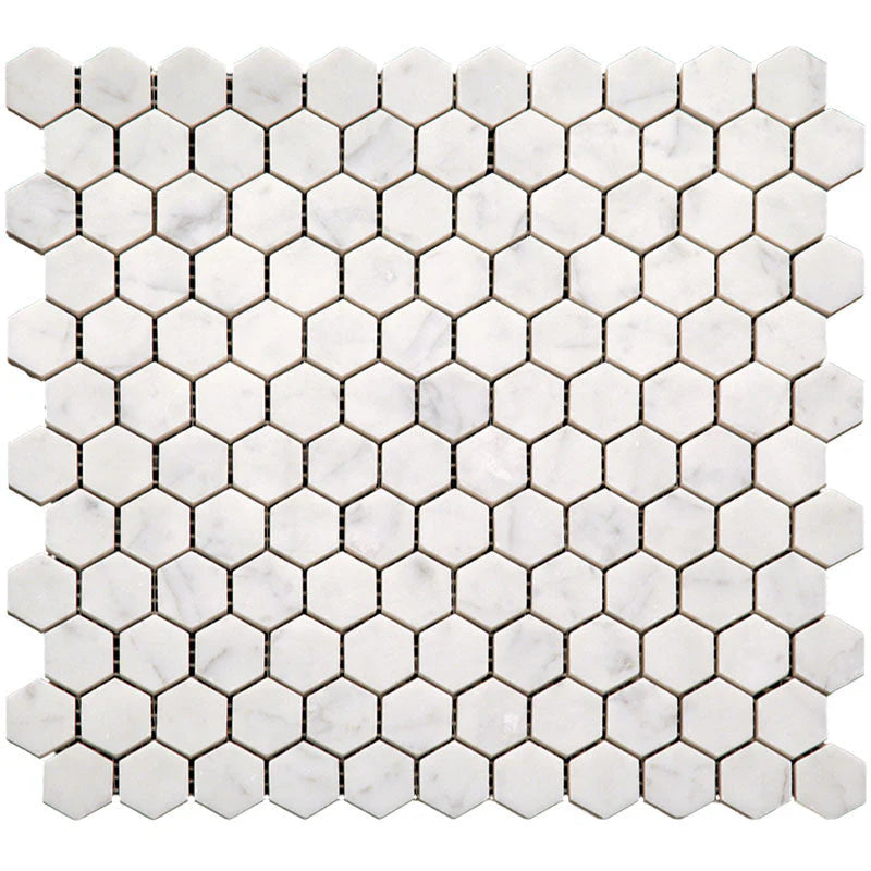 Marbella Carrarra Hex 1x1 Polished Bianco Carrara Mosaic Tile.