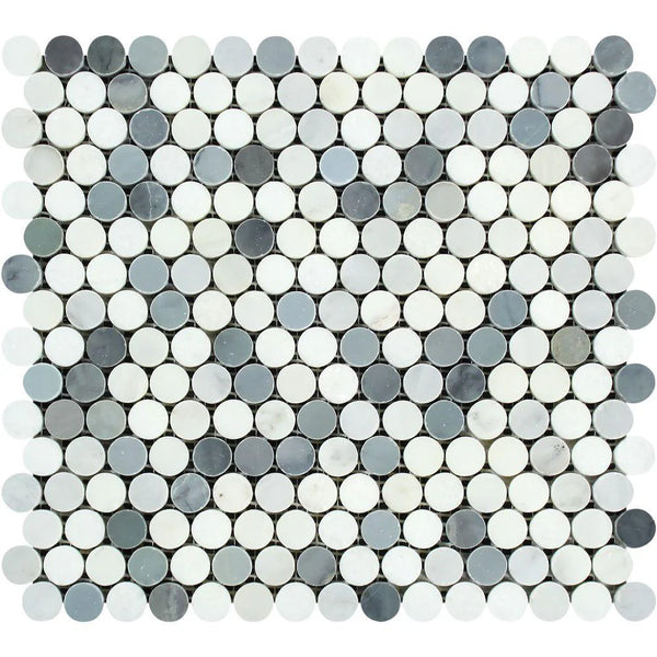 Oriental White Honed Marble Penny Round Mosaic Tile (Oriental White + Thassos + Blue).