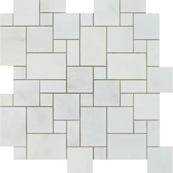 Oriental White Honed Marble Penny Round Mosaic Tile (Oriental White + Thassos + Ming Green).