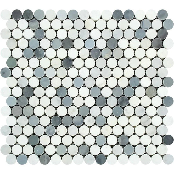 Oriental White Polished Marble Penny Round Mosaic Tile (Oriental White + Thassos + Blue).