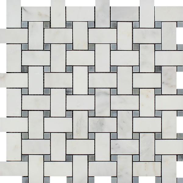 Oriental White Honed Marble Basketweave Mosaic Tile w/ Blue-Gray Dots.