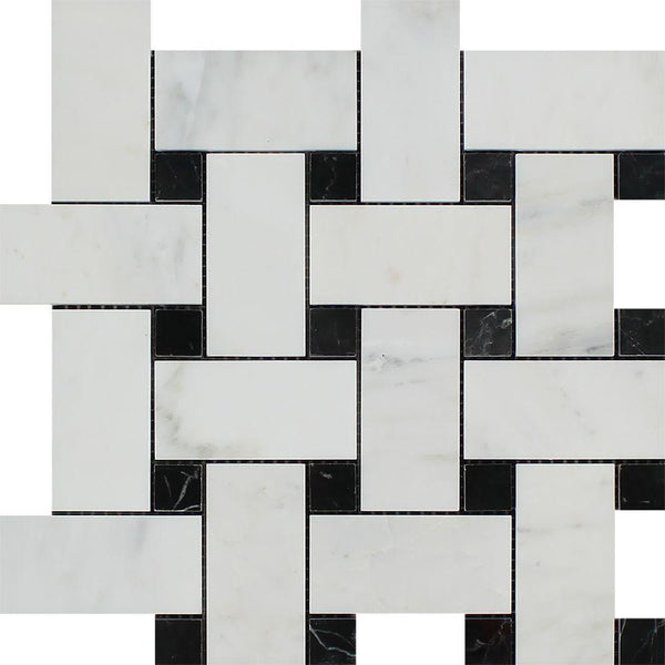 Oriental White Honed Marble Large Basketweave Mosaic Tile w/ Black Dots.