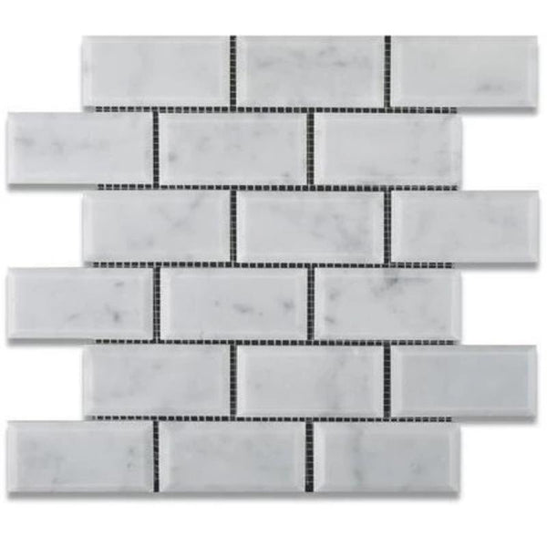 White Carrara Marble 2x4 Deep Beveled Honed Mosaic Tile.