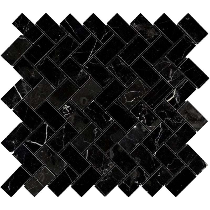 Nero Marquina Marble 1x2 Herringbone Polished Mosaic Tile.