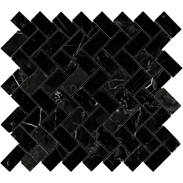 Nero Marquina Marble 1x2 Herringbone Honed Mosaic Tile.