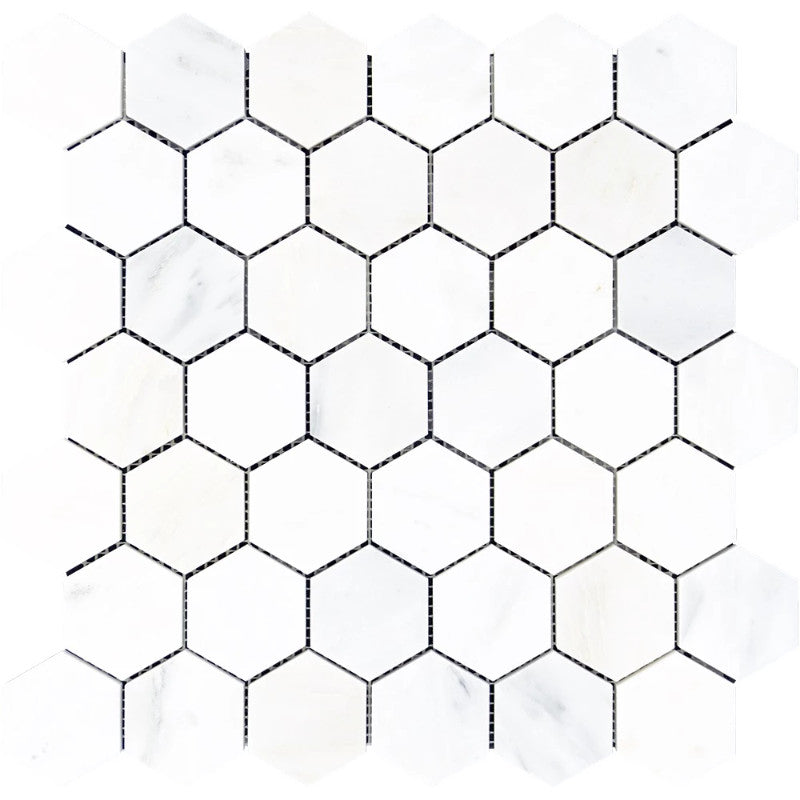 Asian Statuary (Oriental White) Marble 2x2 Hexagon Polished Mosaic Tile.