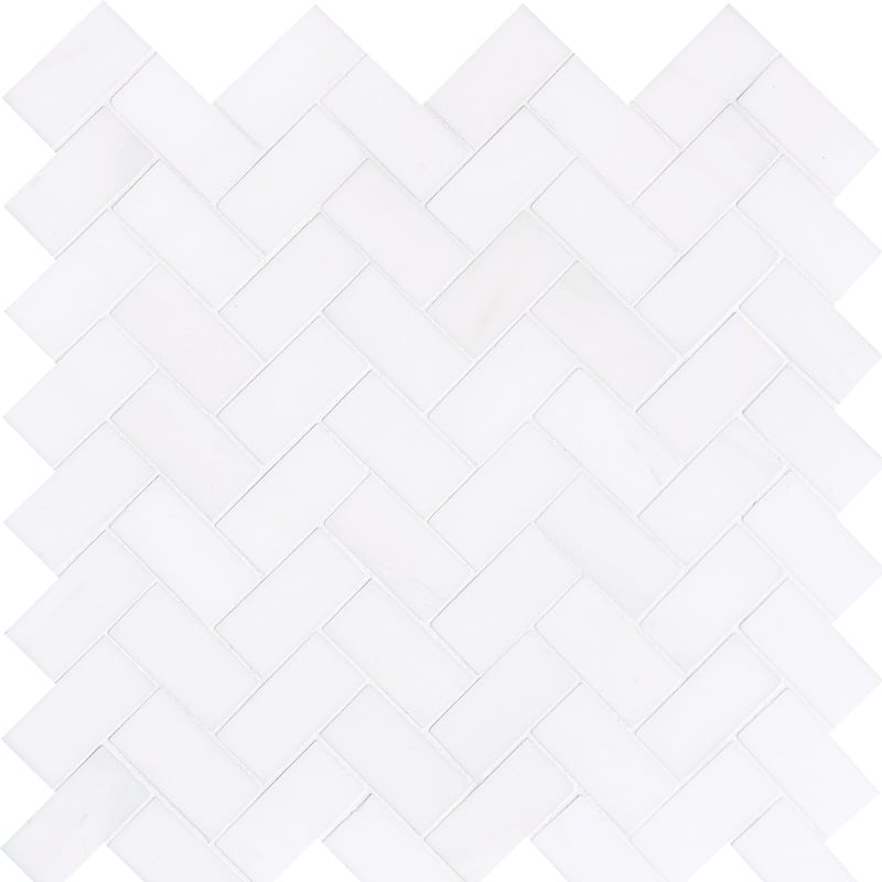 Bianco Lago Marble 1x2 Herringbone Polished Mosaic Tile.