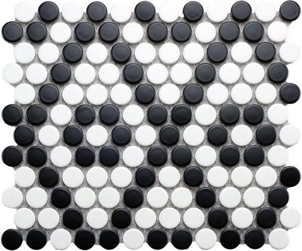 Cc Mosaics B&w Penny Round 9x10 Porcelain Mosaic Tile.