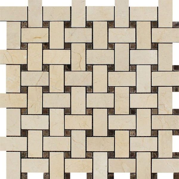 Crema Marfil Marble Basketweave w/ Emp Dots Polished Mosaic Tile.