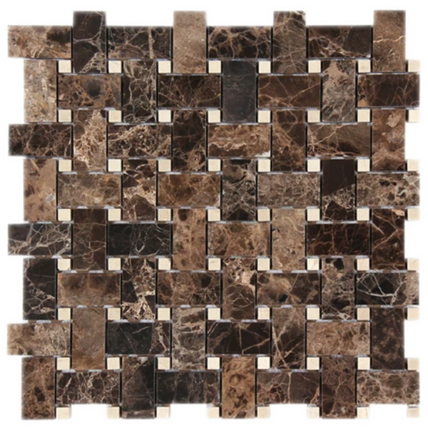 Emparador Dark with Crema Marfil dot Basketweave Polished Mosaic Tile.