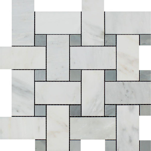 Oriental White Honed Marble Large Basketweave Mosaic Tile w/ Blue-Gray Dots.