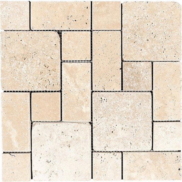 Ivory Travertine Mini Pattern Tumbled Mosaic Tile.