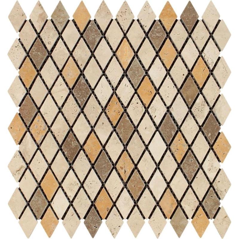 Mixed Travertine 1x2 Diamond Tumbled Mosaic Tile.