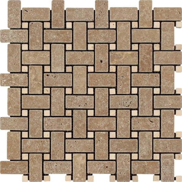 Noce Travertine Tumbled Basketweave w/ Ivory Dots Mosaic Tile.