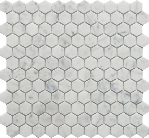 Rockart Carrara Marble 1x1 Hexagon Porcelain Mosaic Tile.