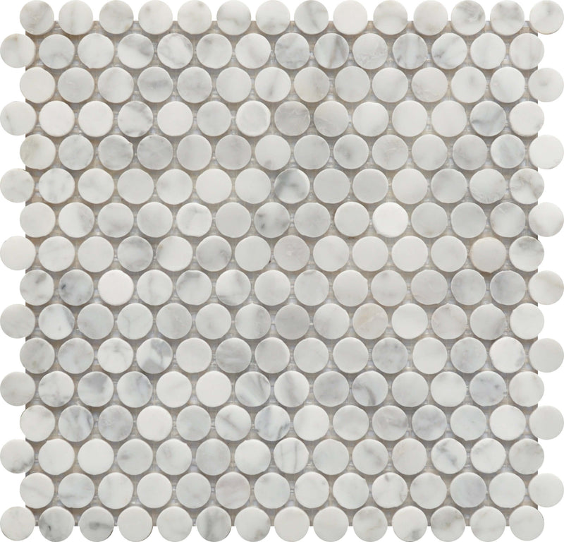 Rockart Carrara Marble Penny Round 12x12 Porcelain Mosaic Tile.