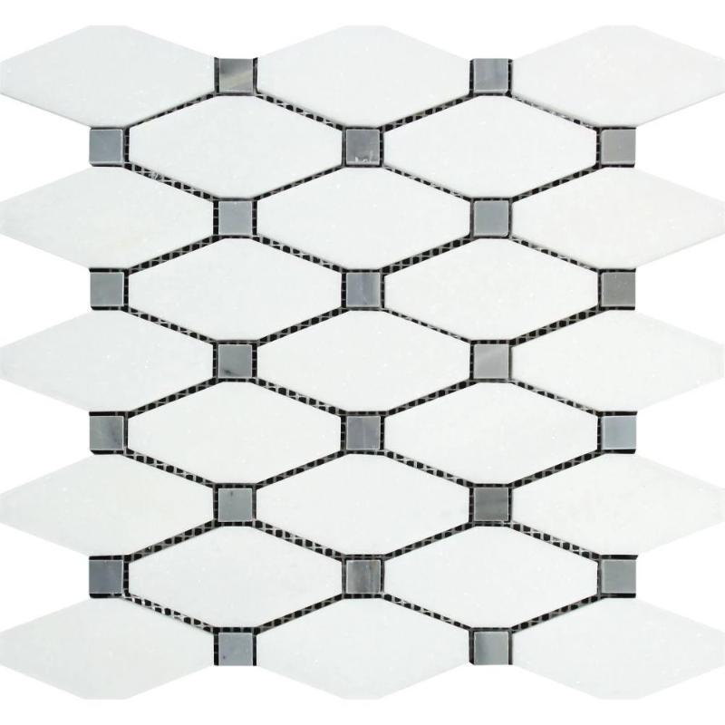 Thassos White Marble Octave with Blue Dots Honed Mosaic Tile.