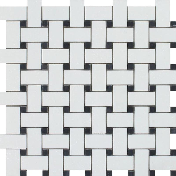 Thassos White Marble Polished Basketweave with Black Dots Mosaic Tile.