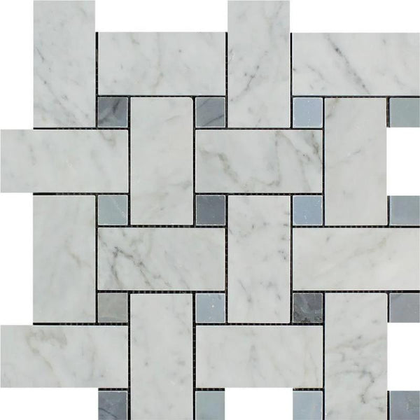 White Carrara Marble Large Basketweave with Blue Dots Polished Mosaic Tile.